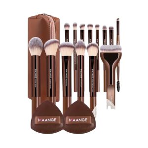 MAANGE 14pcs Makeup Brushes + 2pcs Air Cushion Makeup Puffs with Makeup Bag Set - Coffee